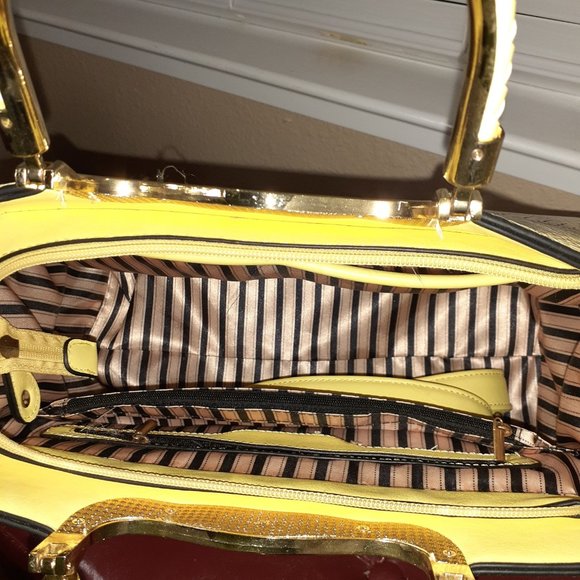 Yellow Structured Bag with Gold Trim Handle - Picture 6 of 8